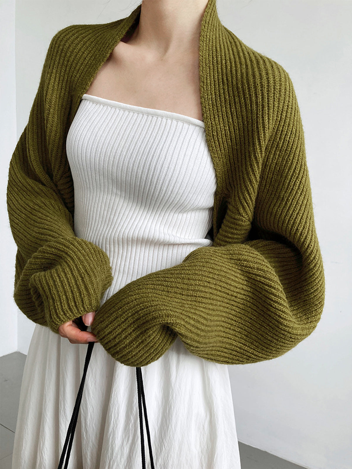 Isla Wool Ribbed Cropped Shrug Sweater | Relaxed Fit Long Sleeve Sweater