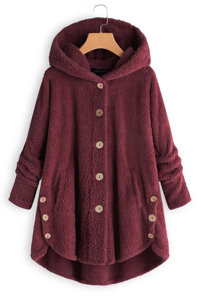Women’s Hooded Coat – Oversized Fit – Plush Texture – Button Front – Mid-Length Casual