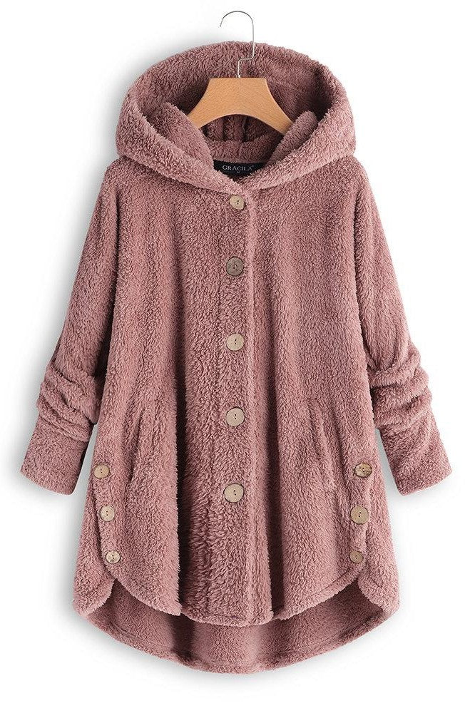 Women’s Hooded Coat – Oversized Fit – Plush Texture – Button Front – Mid-Length Casual