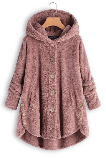 Women’s Hooded Coat – Oversized Fit – Plush Texture – Button Front – Mid-Length Casual