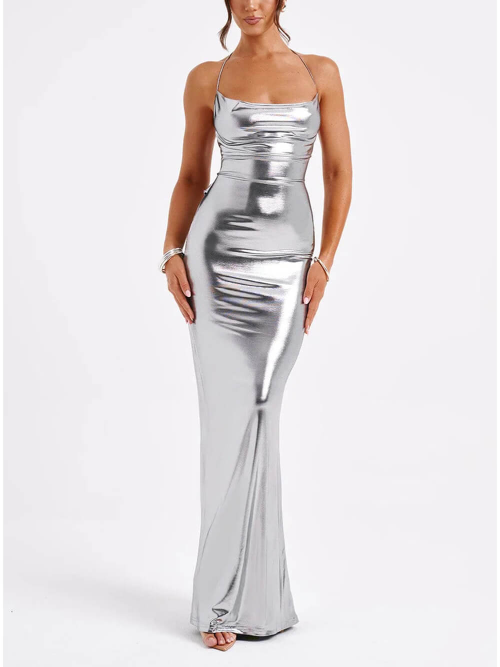 Halter neck glossy metallic maxi dress for women