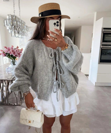 Women’s Knit Cardigan – Oversized Fit – Wool Blend – Tie Front – Ribbed Cuffs