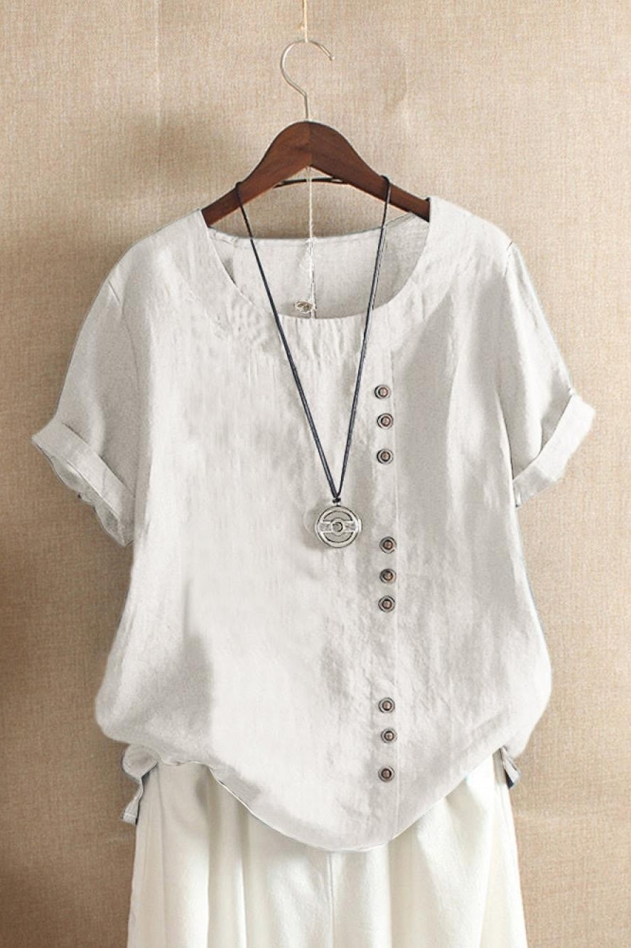 Women’s Blouse – Relaxed Fit – Breathable Blend – Round Neck – Rolled Short Sleeve – Button Detail