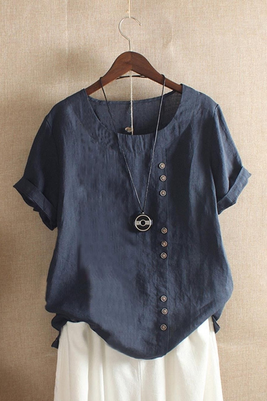 Women’s Blouse – Relaxed Fit – Breathable Blend – Round Neck – Rolled Short Sleeve – Button Detail