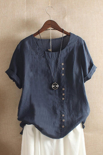Women’s Blouse – Relaxed Fit – Breathable Blend – Round Neck – Rolled Short Sleeve – Button Detail