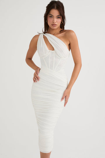 Women’s Midi Dress – Slim Fit – Asymmetric Neckline – Corset Detail – Ruched Design