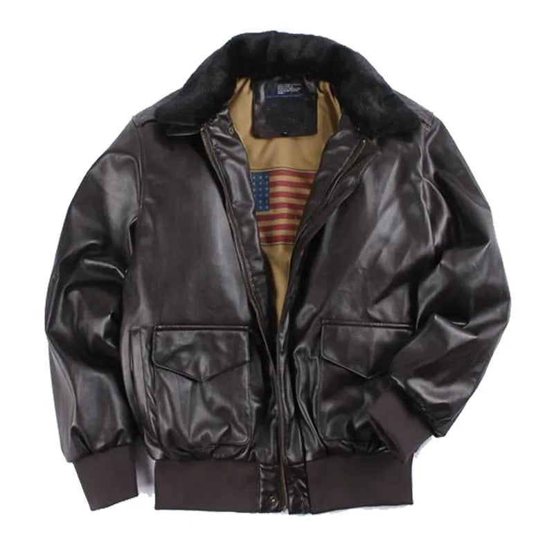 Men’s Leather Jacket – Regular Fit – Zip Closure – Ribbed Cuffs – Plush Collar