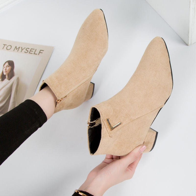 Women’s Ankle Boots – Suede Leather – Pointed Toe – Block Heel – Side Zip