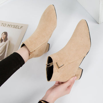 Women’s Ankle Boots – Suede Leather – Pointed Toe – Block Heel – Side Zip