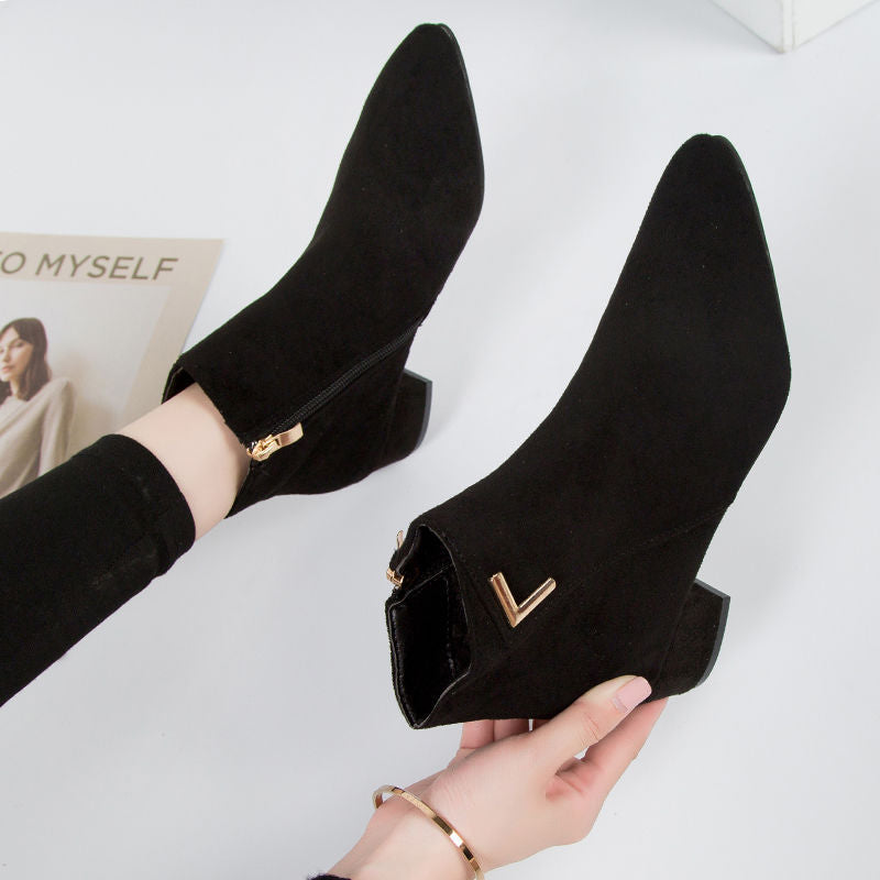 Women’s Ankle Boots – Suede Leather – Pointed Toe – Block Heel – Side Zip