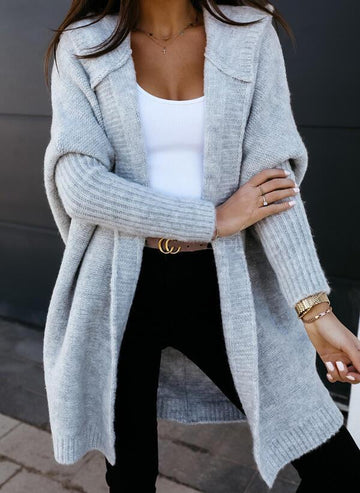 Women’s Long Cardigan – Wool Blend – Open Front – Relaxed Fit – Ribbed Hem