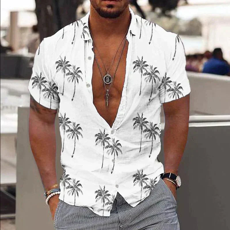 Men’s Short Sleeve Shirt – Relaxed Fit – Button-Down – Tropical Print – Natural Fibers