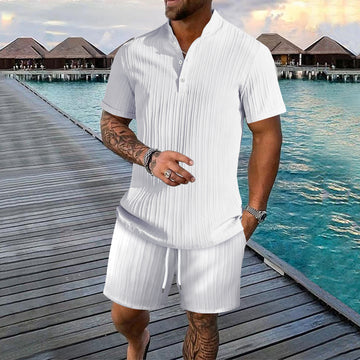Men's Ribbed Short Sleeve Polo Set - Button Closure - Relaxed Fit - Casual Summer Beachwear