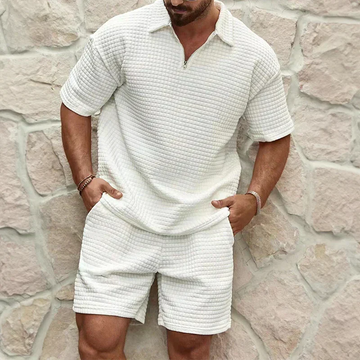Men’s Short Set – Relaxed Fit – Quilted Texture – Half Zip Top – Elastic Waistband