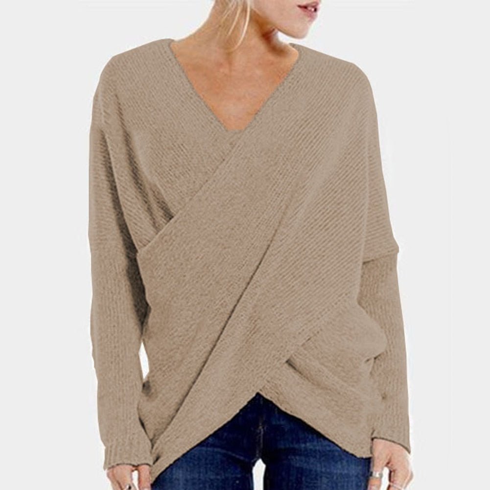 Women’s Pullover – Ribbed Knit – Relaxed Fit – V-Neck Crossover – Long Sleeve