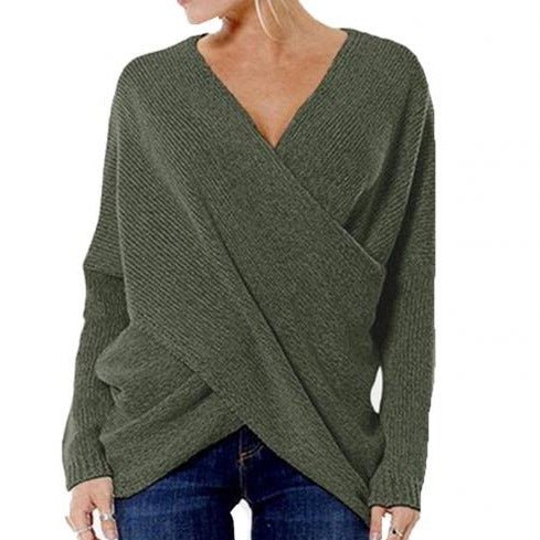 Women’s Pullover – Ribbed Knit – Relaxed Fit – V-Neck Crossover – Long Sleeve