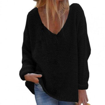 Women’s Knit Top – Oversized Fit – V-Neck – Long Sleeve – Textured Soft Fabric