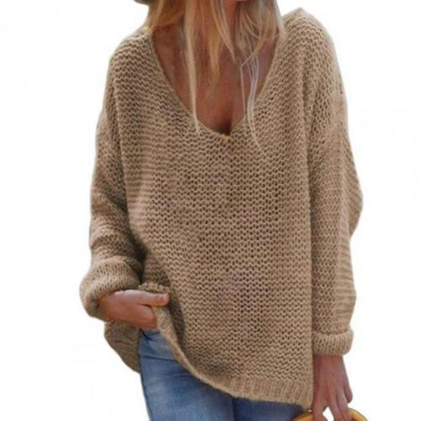 Women’s Knit Top – Oversized Fit – V-Neck – Long Sleeve – Textured Soft Fabric