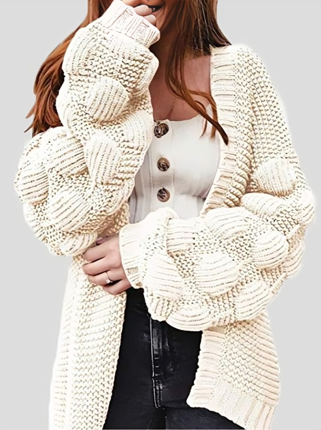 Women’s Chunky Knit Cardigan – Oversized Fit – Open Front – Balloon Sleeves – Soft Touch