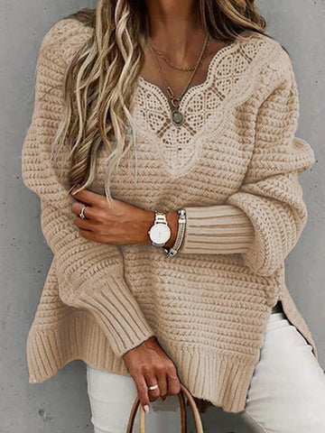 Women’s Chunky Knit Sweater – V-Neck Lace Trim – Relaxed Fit Long Sleeve