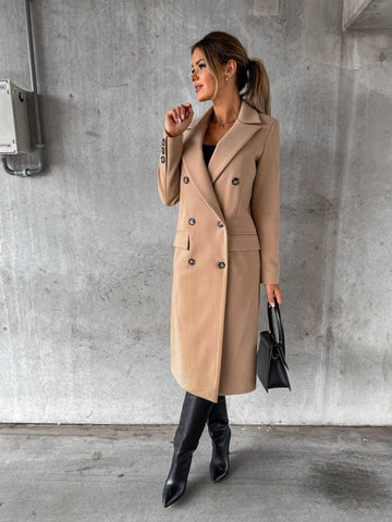 Women’s Overcoat – Wool Blend – Slim Fit – Double-Breasted – Notch Lapel – Long Length